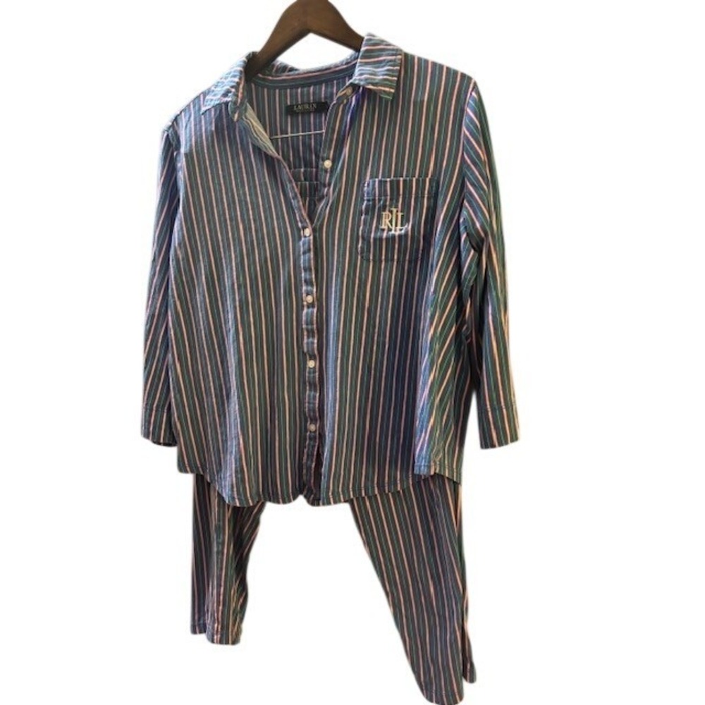 Lauren Ralph Lauren Women's Pajama Set L Blue Pink Green Striped Button Front